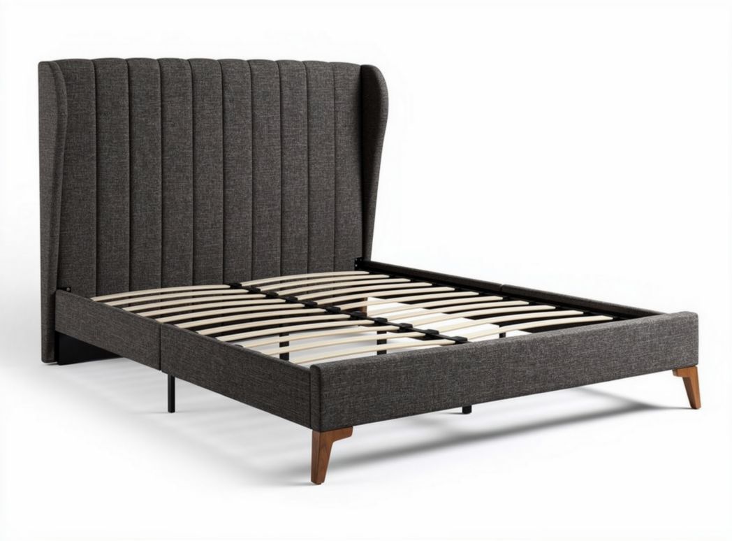 Letto matrimoniale con testata imbottita in tessuto grigio 200 x 160 x 110cm