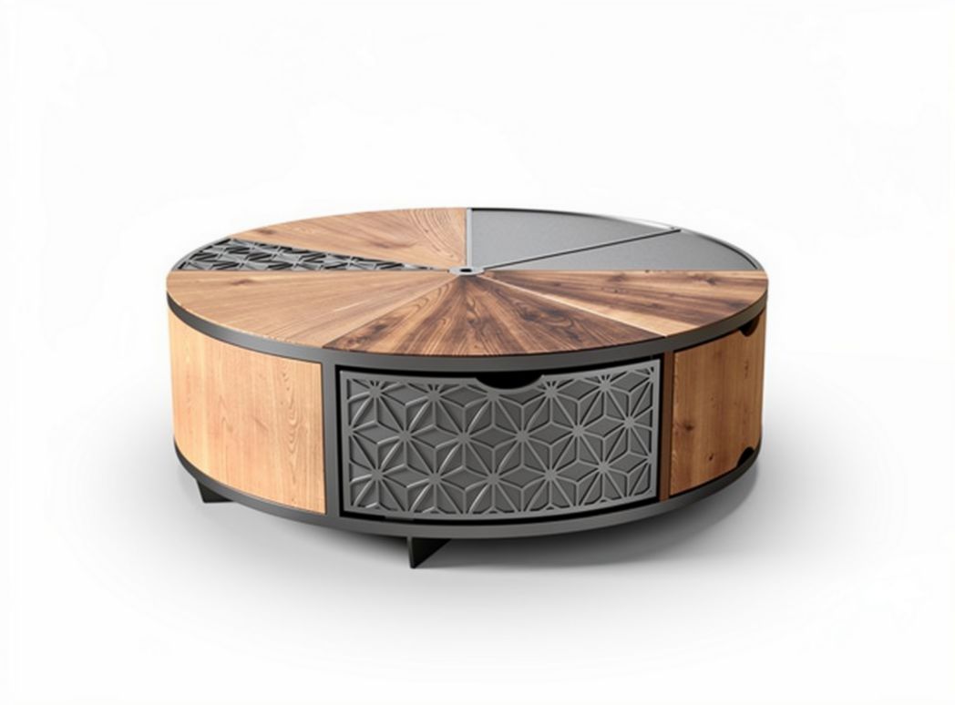 Tavolino da caffè rotondo in legno e metallo con cassetto grigio 80 x 80 x 40cm