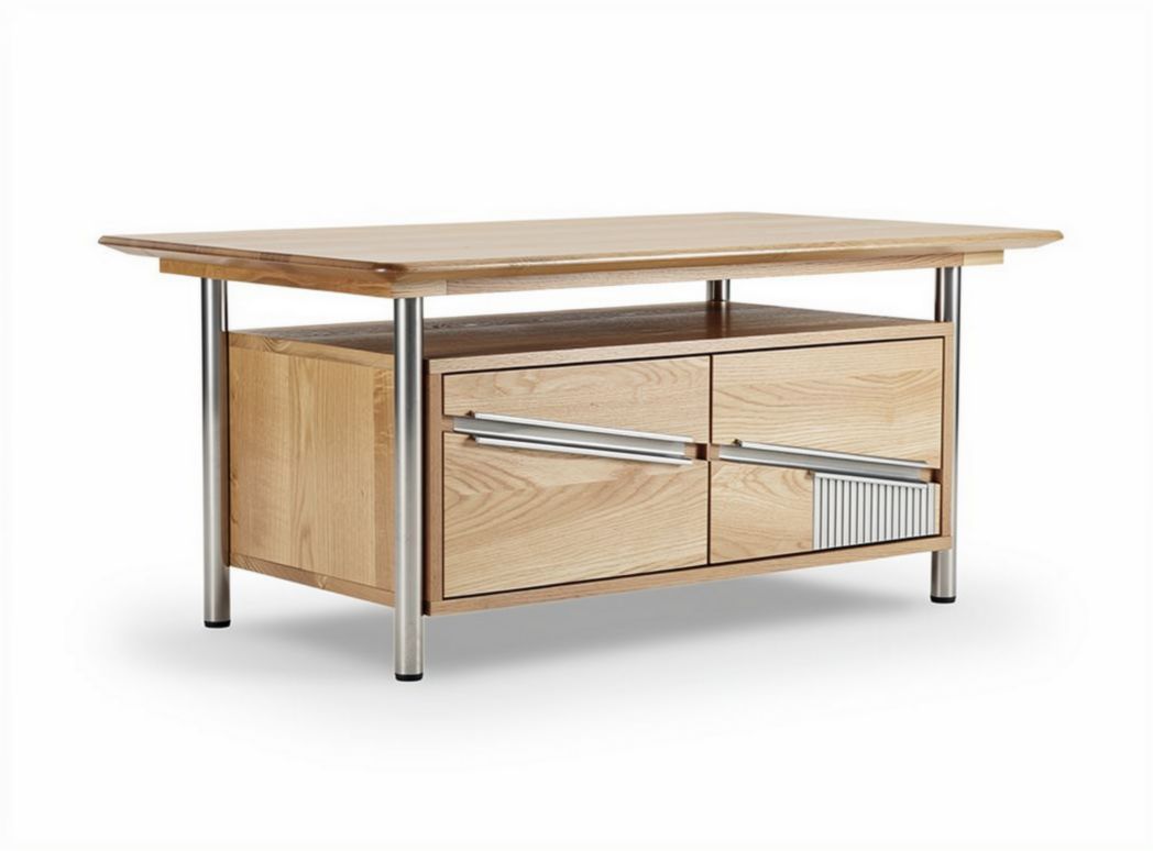Tavolino da caffè in legno di rovere con cassetti in metallo 120 x 60 x 45cm