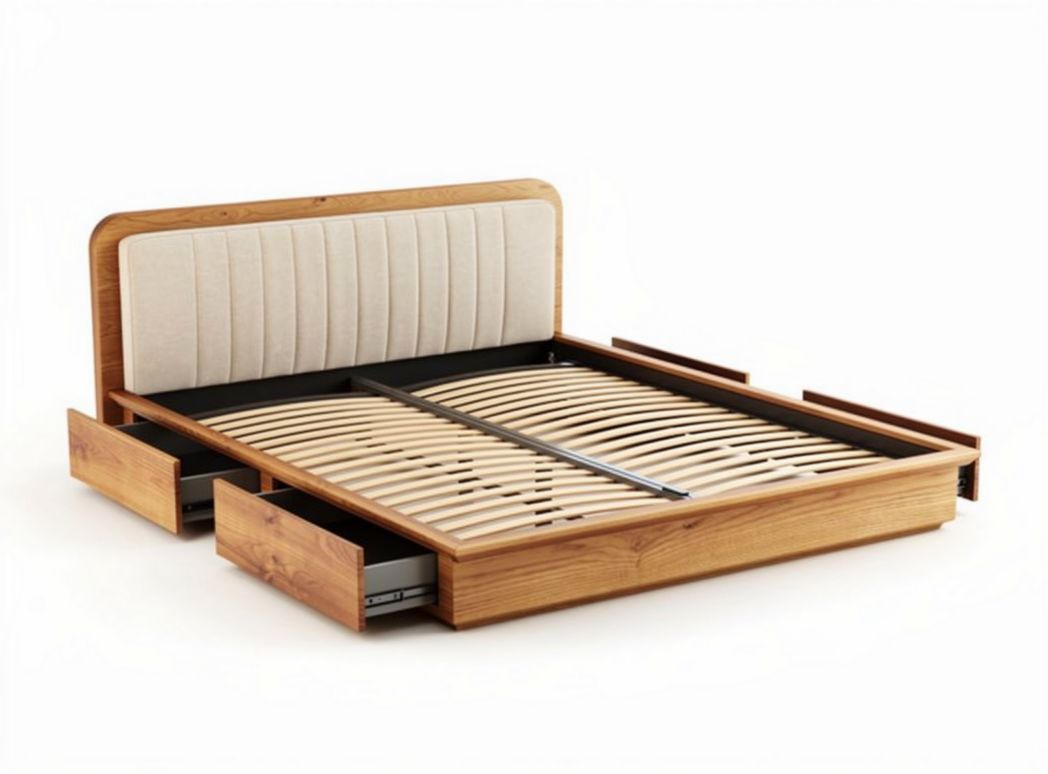 Letto matrimoniale in legno con contenitore e testiera imbottita 180 x 200 x 40cm