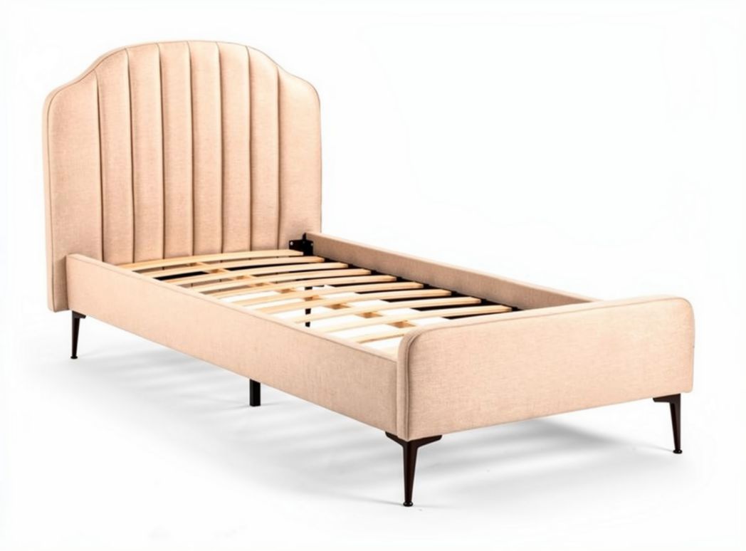 Letto singolo imbottito in tessuto beige con rete a doghe 200 x 100 x 30cm