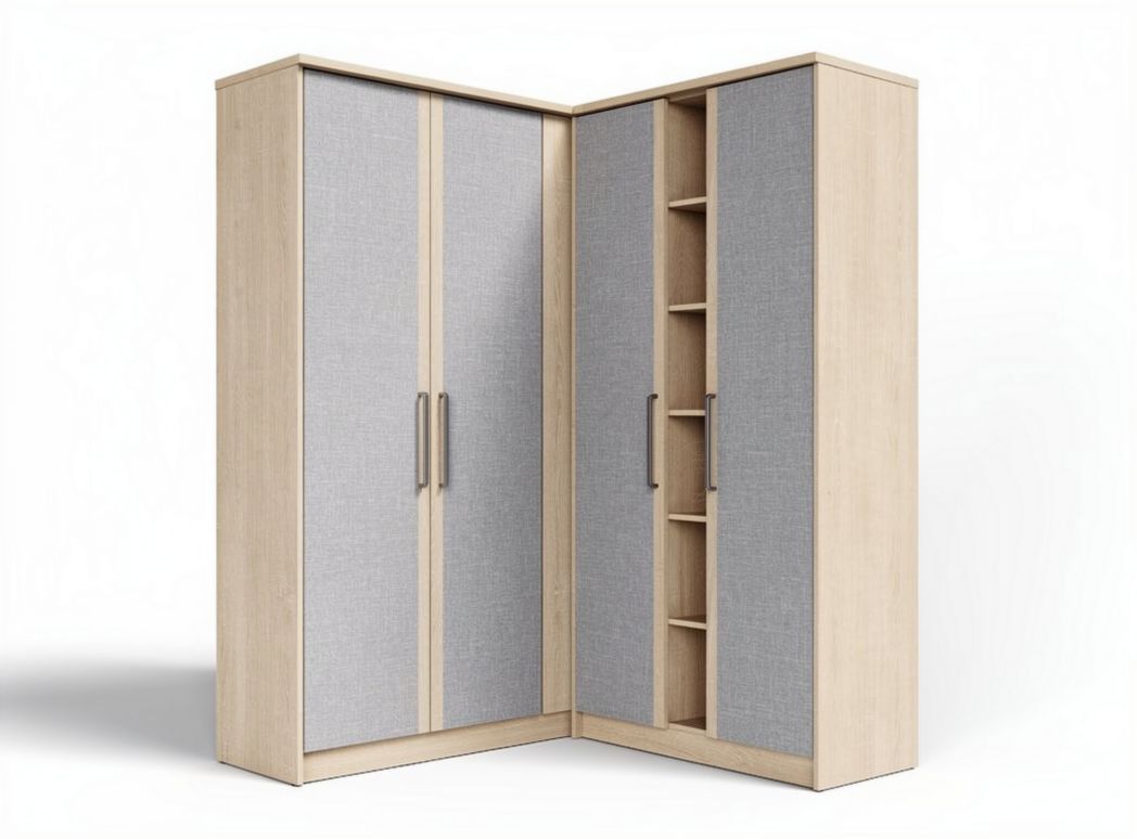 Armadio angolare in legno con ante bianche e marroni dimensioni 150 x 150 x 210cm