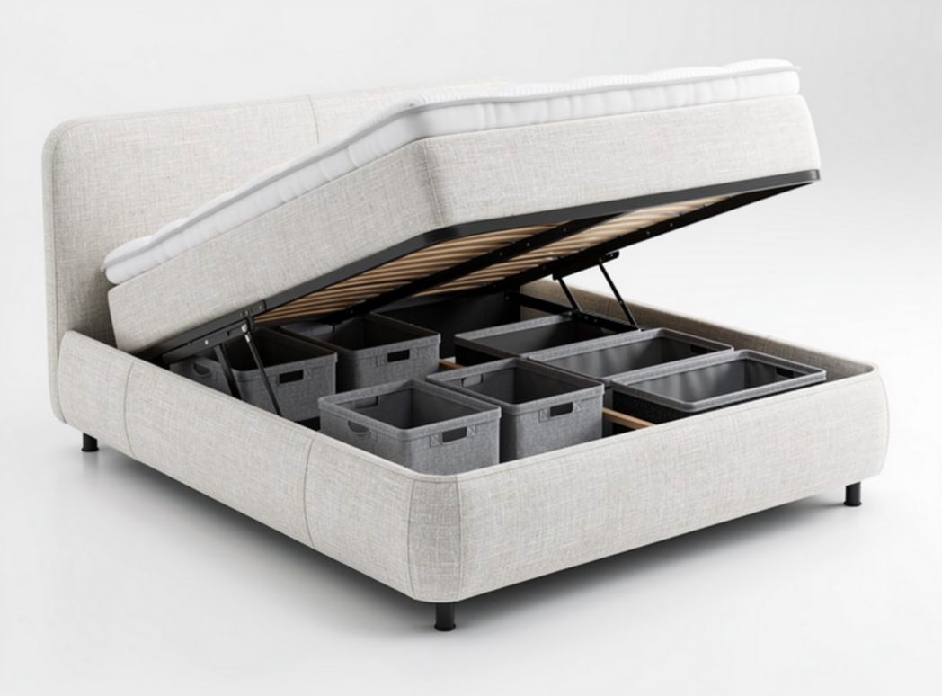 Letto contenitore con rete a doghe e vani sottostanti 200 x 160 x 80cm grigio chiaro