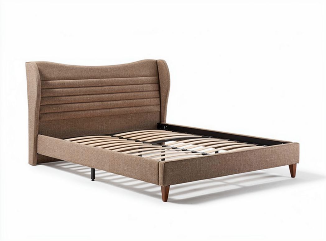 Letto matrimoniale in tessuto marrone con testiera imbottita 200 x 160 x 100cm